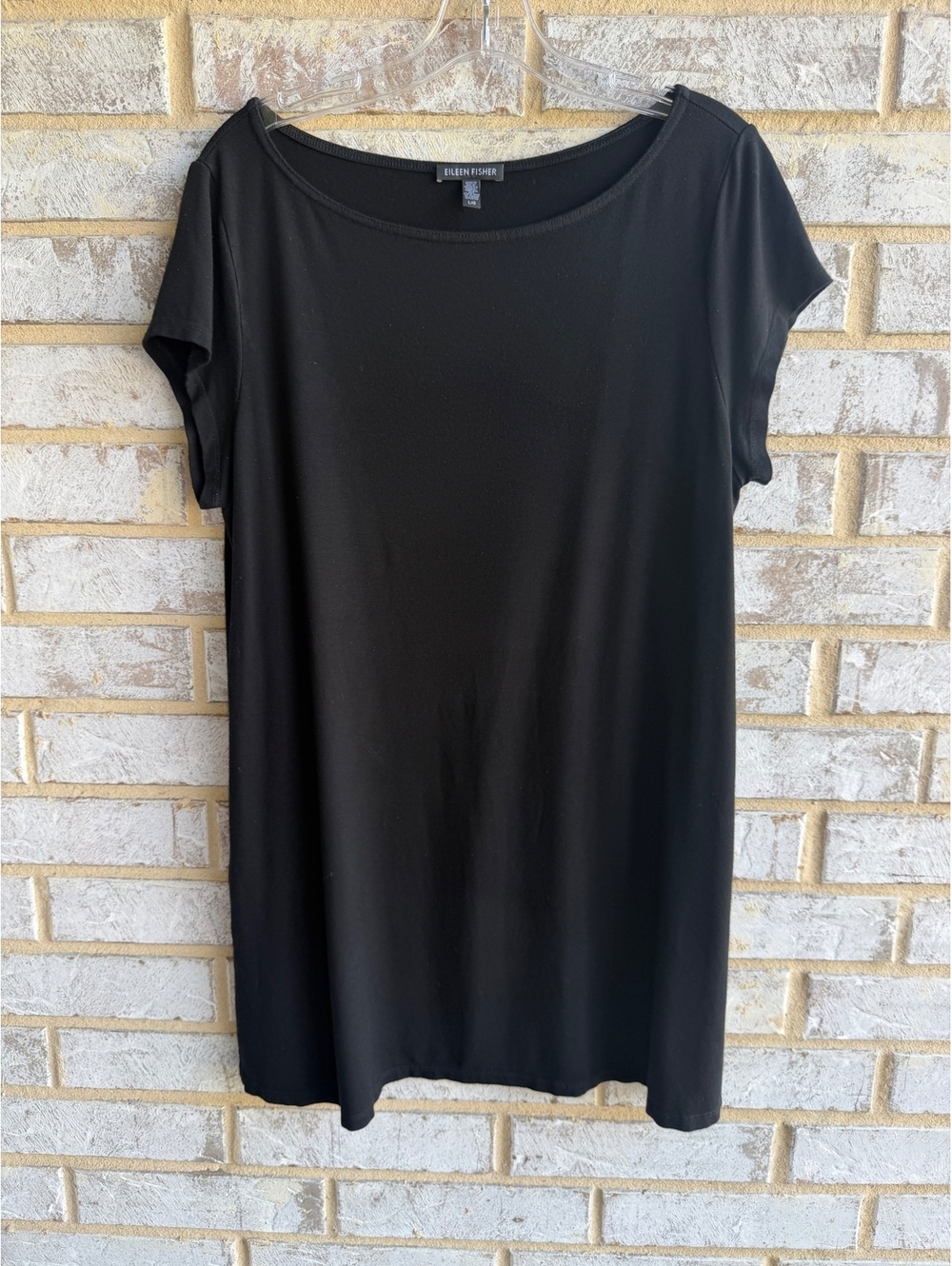 Eileen Fisher Short Sleeve Round Neck Split Side Black Tunic Blouse Size L